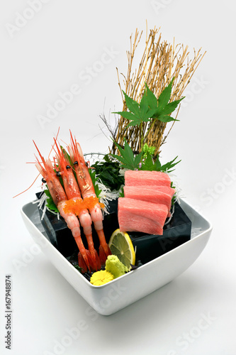 Botan Ebi and Bluefin Tuna Chutoro  Sashimi in white bowl on white background photo