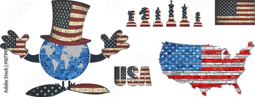 USA Flag Elements Vector Collection - Illustration,  
Text with USA flag,
US national flag in mosaic