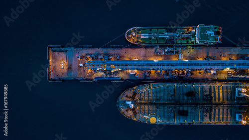 Aerial view of oil tanker ship at the port.