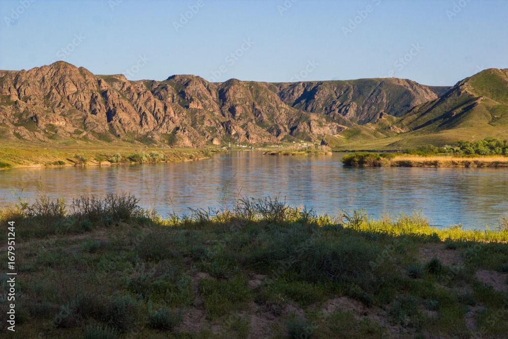 Ili river, Kazakhstan. Steppe landscape in spring