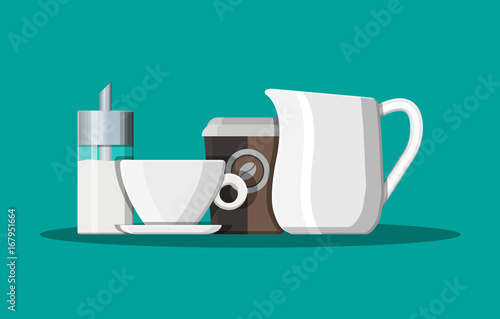 Coffee on saucer, milk jug, sugar dispenser