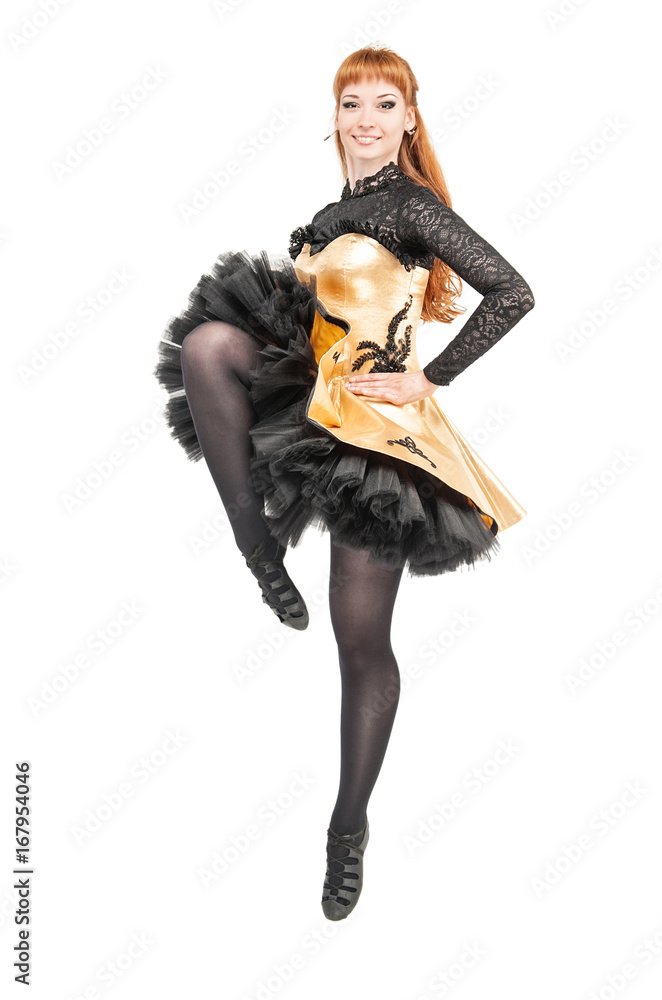 Beautiful woman in dress for Irish dance jumping isolated