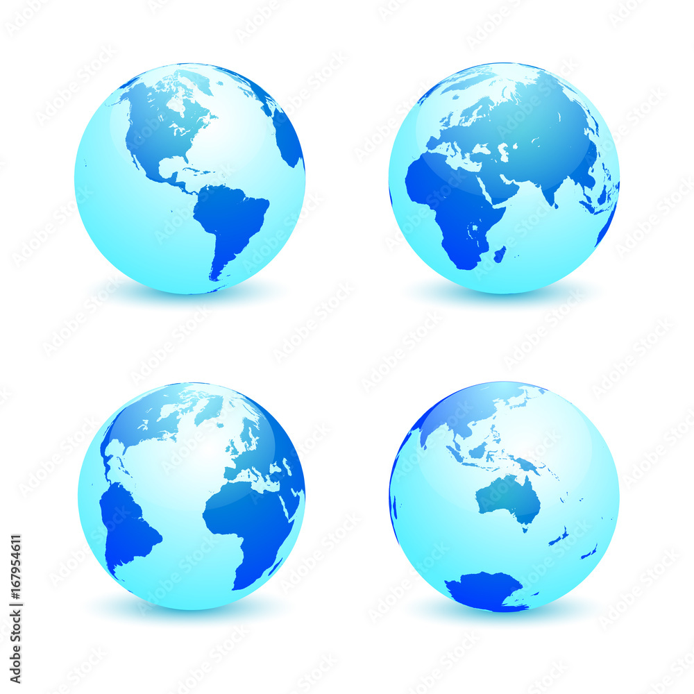 Realistic blue Earth globe in four turns on white background. North and South America, Eurasia and Africa, Atlantic, Australia in rotations. Vector illustration