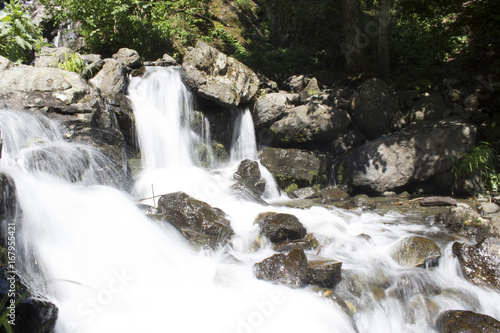 Beautiful Wallpaper of waterfall, stream fast milk flow. Abkhazia rocky mountain river in the forest. Waterfall dairy