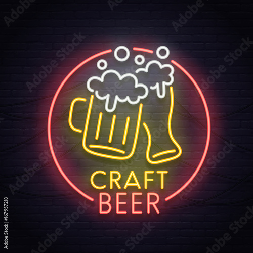 Beer neon sign, bright signboard, light banner. Beer logo, emblem