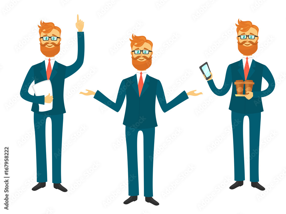 Businessman cartoon character in different poses for business presentation vector set. Successful man shows and tells illustration Businessman cartoon character in different poses for business presentation vector set. Successful man shows and tells illustration