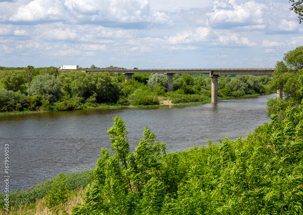 View of the bridge and the Don River Near the village of Novozhivotinnoye, Voronezh Region