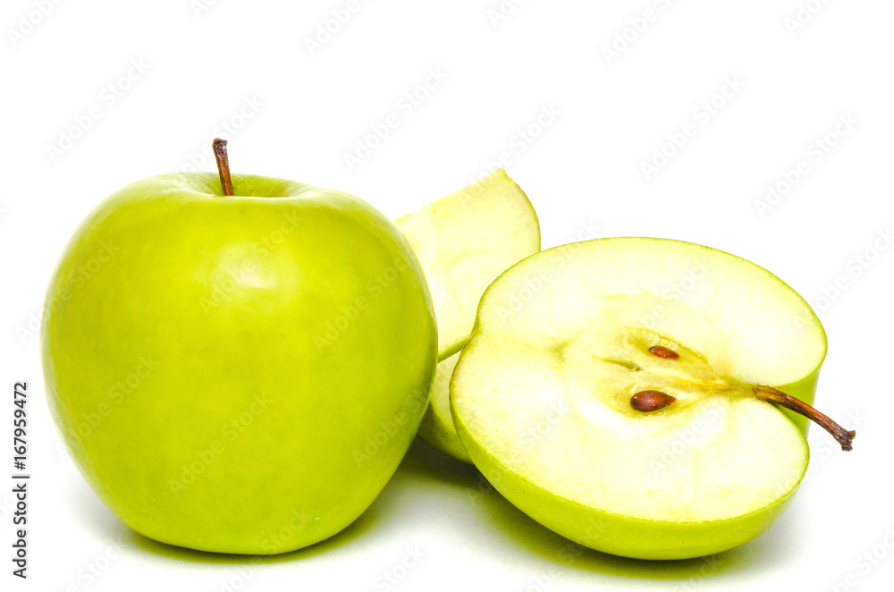 Green apples and half of apple Isolated on a white background