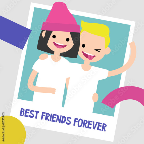 Best friends photo frame. Two young friends hugging each other. Flat editable vector illustration, clip art
