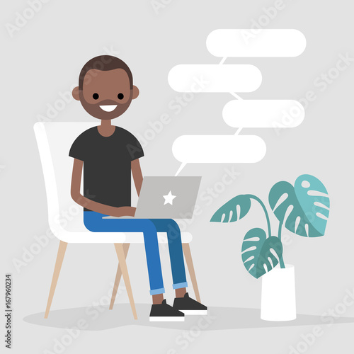 Young black character typing messages on a laptop. Remote communication. Modern lifestyle. Copy space. Flat editable vector illustration.