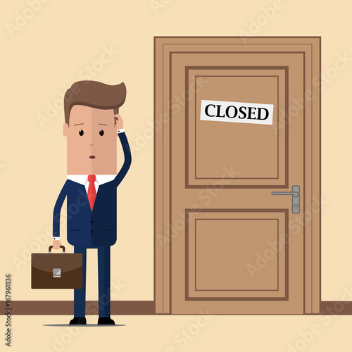 Pensive businessman standing in front of a closed door. A man with a suitcase in a business suit with a tie. Man in confusion. Vector illustration