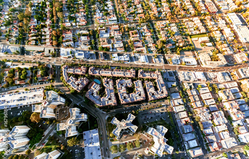 Aerial view of buildings on near Wilshire Blvd in Westwood, Los Angeles, CA photo