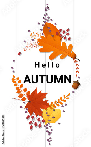 Hello autumn background with decorative wreath on wooden board , vector , illustration