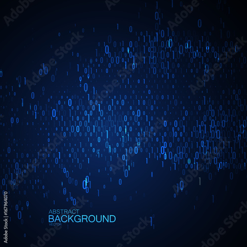 Abstract glowing virtual neon cloud with chaotic binary code particles.