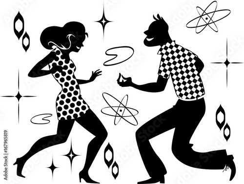 Vector silhouette of a couple dancing 1960th style, black only, no white objects, EPS 8