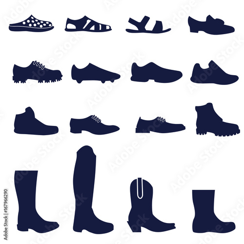 Different types of men's footwear as glyph icons