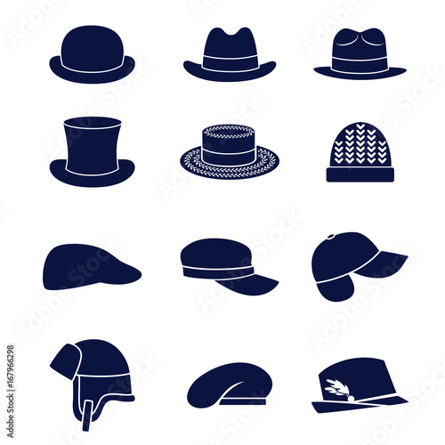 Different types of men hats as glyph icons