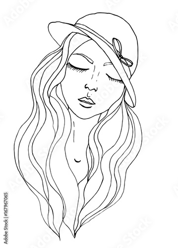 Vector pretty girl wearing hat in doodle style.