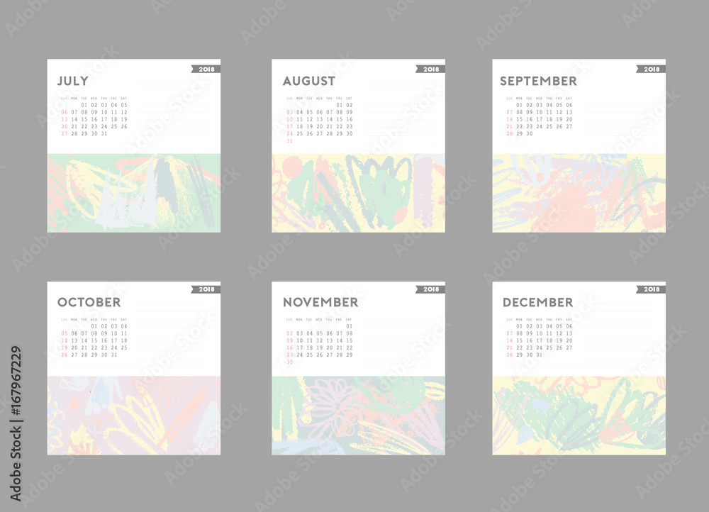 2018 calendar. July, August, September, October, November, December. Hand drawn brushstrokes in light pastel trendy colors. 

