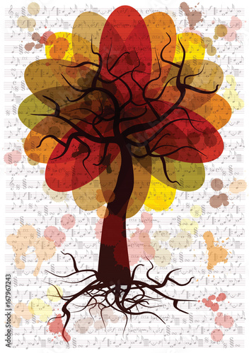 color vector background with autumn tree silhouette on rough music notes sheet of paper