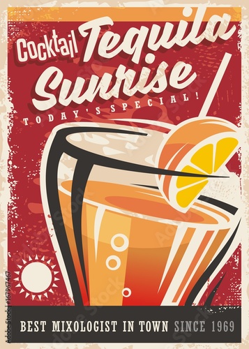 Cocktail tequila sunrise retro promotional poster design, Vintage art banner with one of the most popular cocktails on red background. Alcoholic drinks theme.