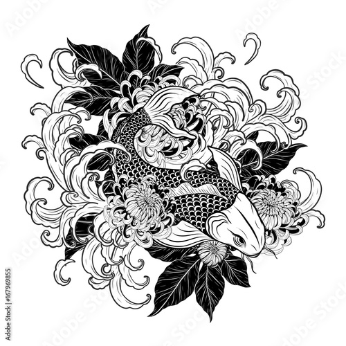 Koi fish and chrysanthemum tattoo by hand drawing.Tattoo art highly detailed in line art style.