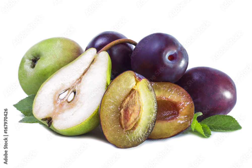 A bunch of ripe fruit pears and juicy plums A bunch of ripe fruit pears and juicy plums
