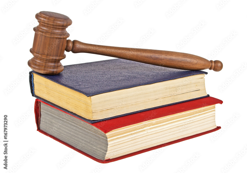 Judge gavel and two books isolated on a white background