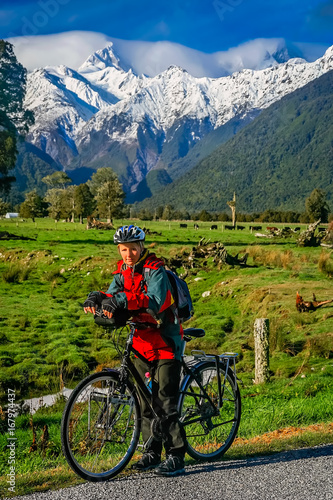 Cycling in front of Mount Cook