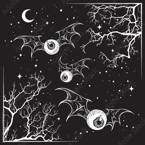 Flying eyeballs with creepy monster wings over the night sky with moon and stars hand drawn black and white halloween theme print design isolated vector illustration