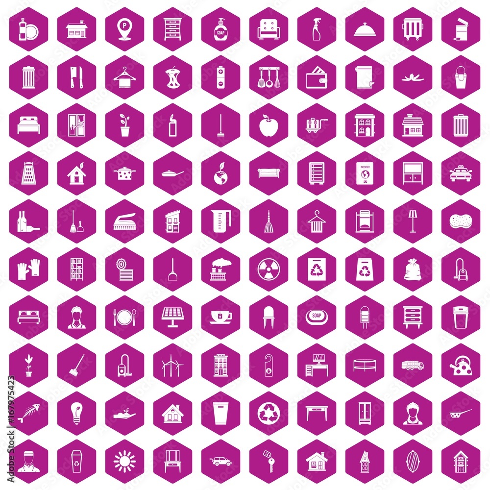 100 cleaning icons hexagon violet 100 cleaning icons hexagon violet