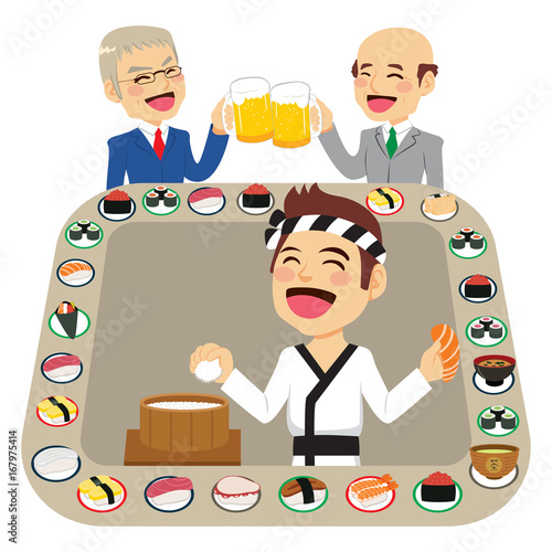 Illustration of sushi bar restaurant food belt with Japanese male cook making salmon maki people eating toasting and drinking beer