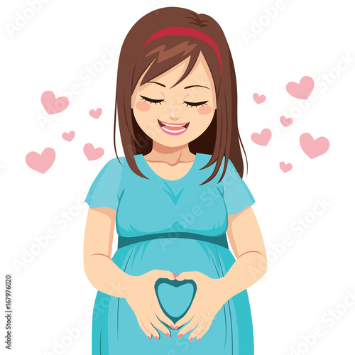 Mom making heart shape with hands on belly waiting her unborn baby