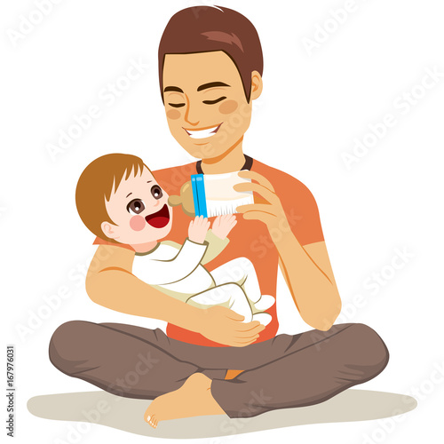 Young male father cute newborn baby feeding him with milk bottle sitting on floor