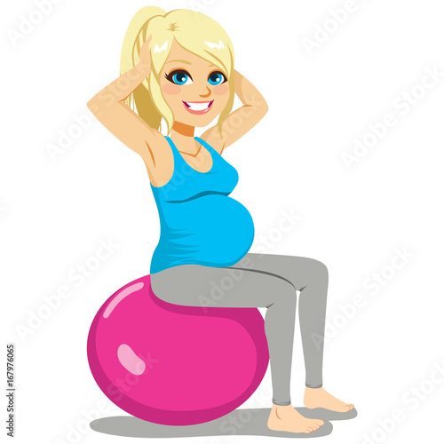 Beautiful pregnant blonde woman sitting on pink exercise ball