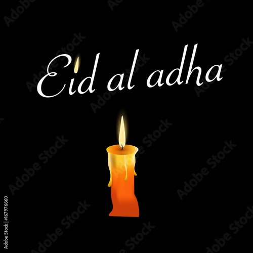 Eid Al Adha background with fire candle. Greeting card, invitation for muslim community holy month on blurred. Creative poster