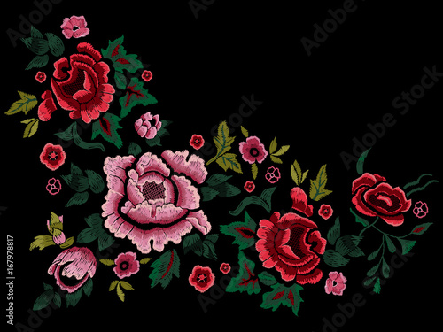 Embroidery traditional simplify pattern with roses and peonies.