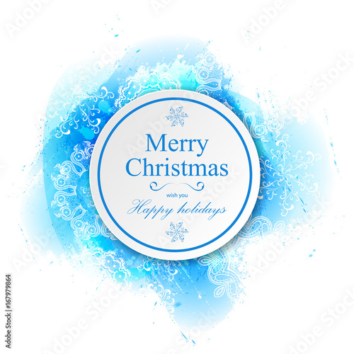 Vector watercolor splash texture. Hand-drawn blob, spot. Winter Christmas and New Year xmas theme. Blue colors abstract background. Snowfall. Silhouettes of snowflakes. Winter seasonal texture.