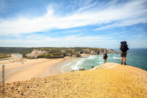 Rota Costa Vicentina hiking trail at the cliffs near beach Praia de Odeceixe, Algarve Portugal