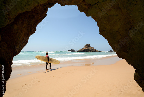 Surfer beach Praia do Castelejo near Vila do Bispo, Algarve Portugal Europe