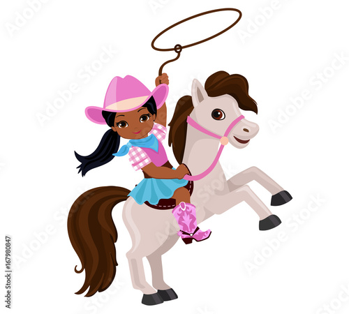 Cowgirl riding a horse with lasso. Vector illustration isolated on white background.