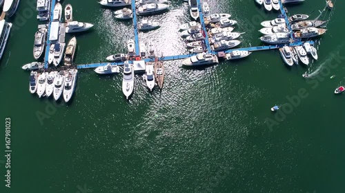 4K urban aerial of the Newport Beach boat show with hundreds of luxury yachts and boats in the harbor on a stunning sunny day photo