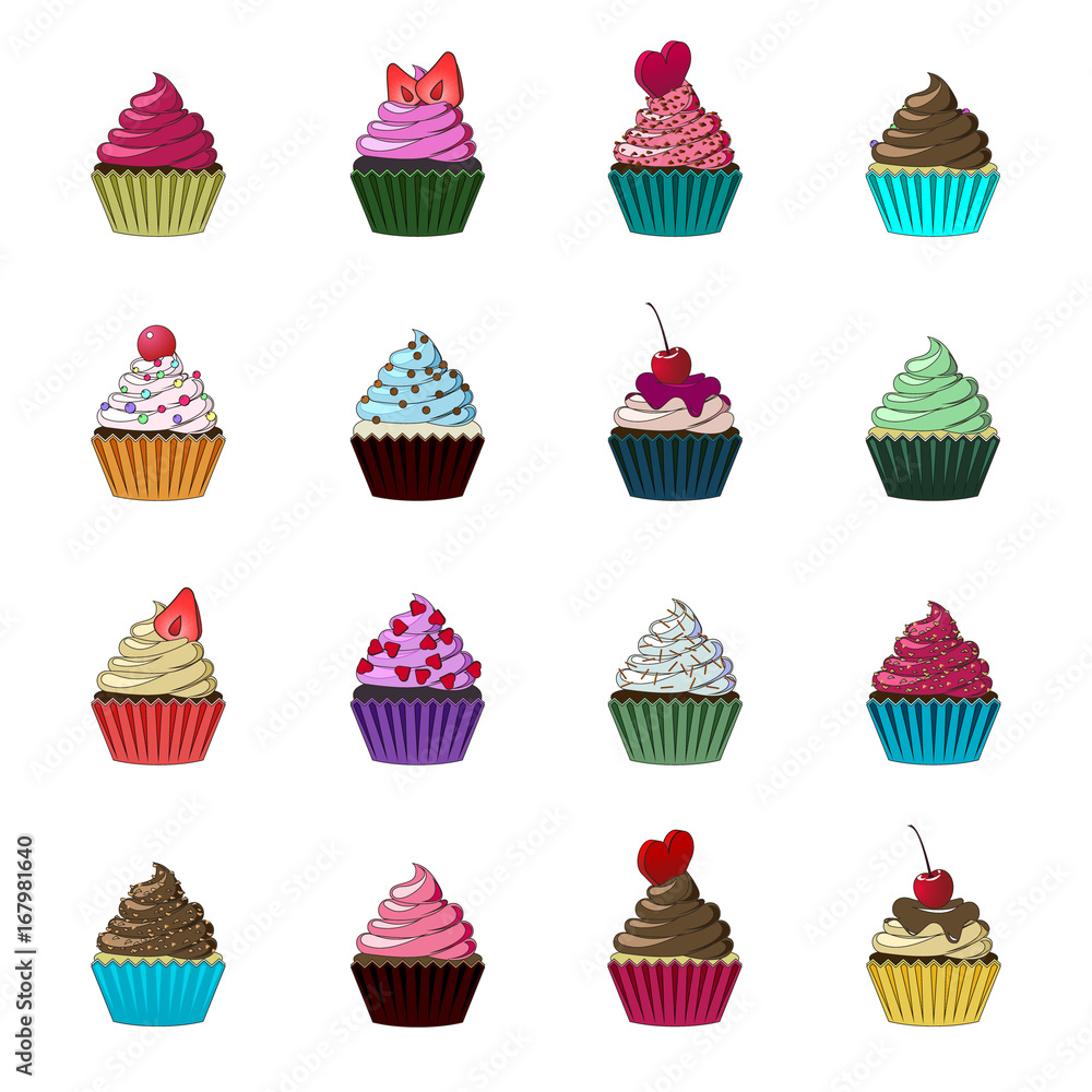 Vector cupcakes and muffins set. Colorful desserts with cream, chocolate, cherries and strawberries. Multicolored cute cupcakes for flyers, postcards, stickers, prints, posters, decorations.
