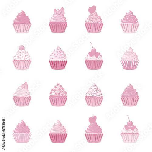 Vector cupcakes and muffins set. Pink desserts with cream, chocolate, cherries and strawberries. Cute cupcakes for flyers, postcards, stickers, prints, posters, decorations.