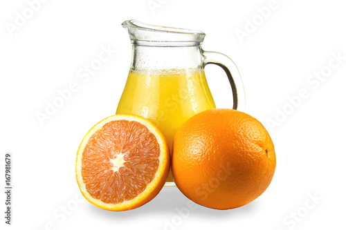 Delicious orange juice in jug with fruits isolated on white background