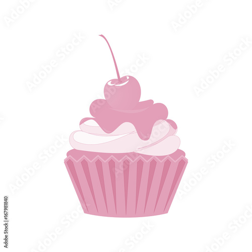 Vector cupcakes and muffins icon. Pink desserts with cream  chocolate  cherries and strawberries. Cute cupcake sign for flyers  postcards  stickers  prints  posters  decorations.