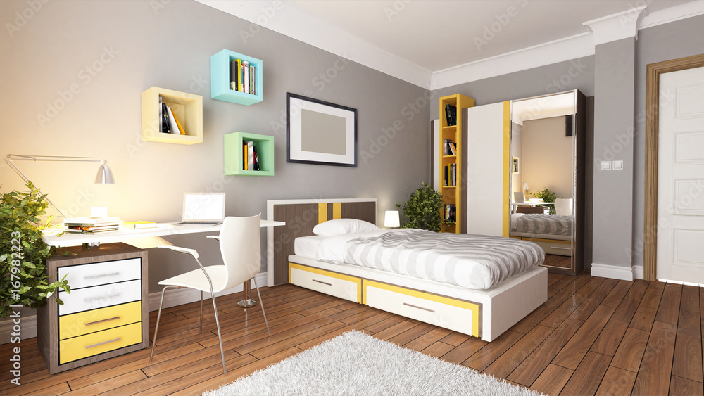 Fototapeta premium teen young bedroom design idea 3d rendering