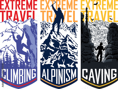 set of vector travel flayer template illustration -  caving, climbing, alpinism mountaineering