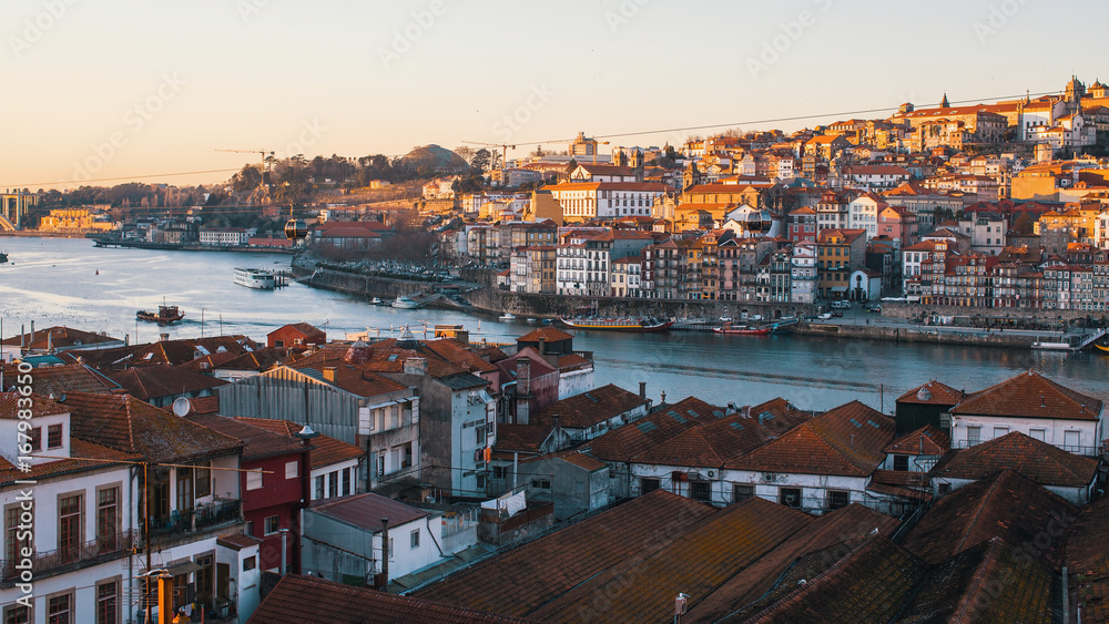 Bird's-eye view old downtown of Porto and Douro river, Portugal.