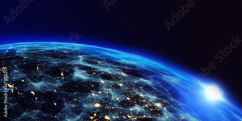 Fototapeta Naklejka Na Ścianę i Meble -  Earth from space at night with a digital communication system/Earth from space at night with a digital communication system. Some elements of the image provided by NASA.